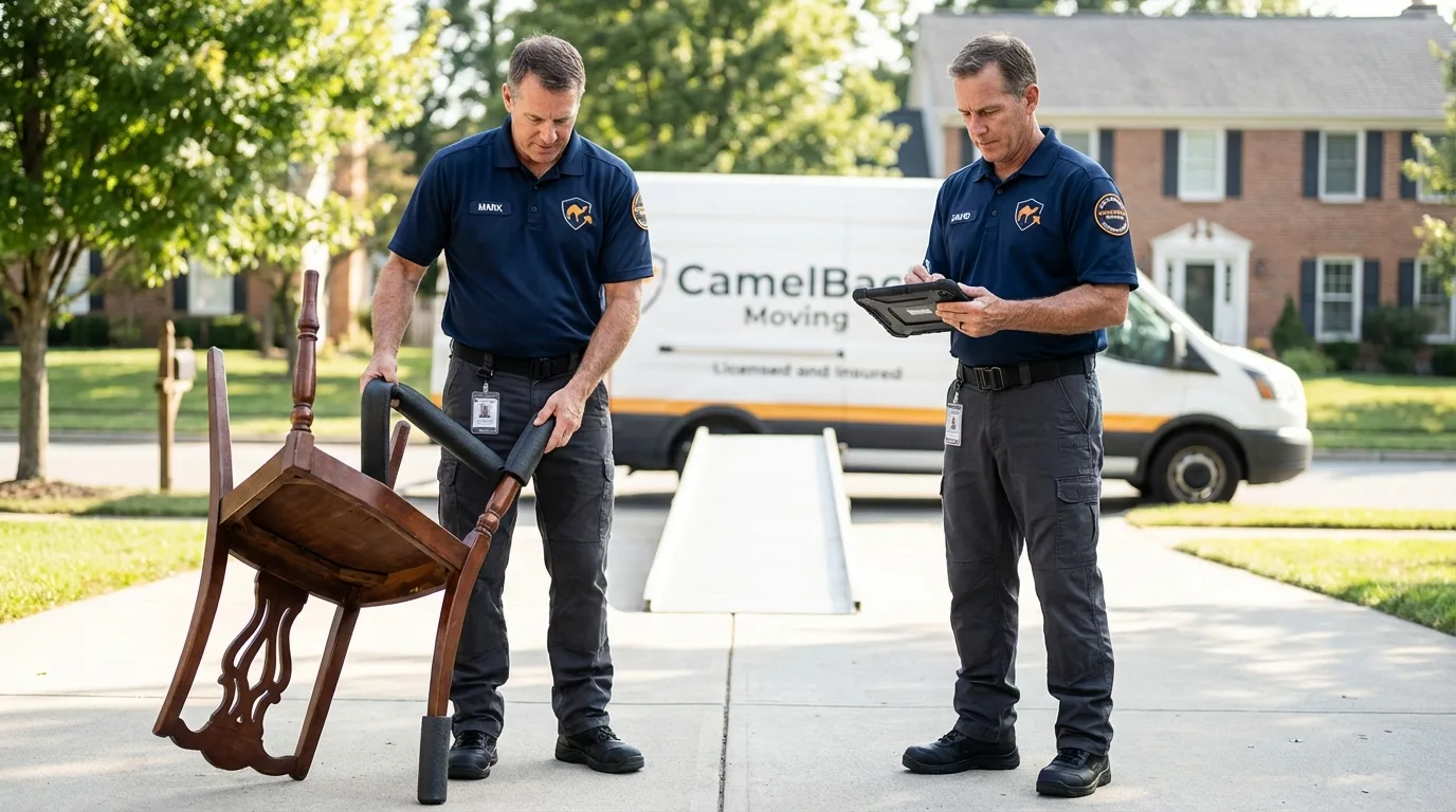 Movers inspecting furniture for damage prevention before loading in Edwardsville, IL