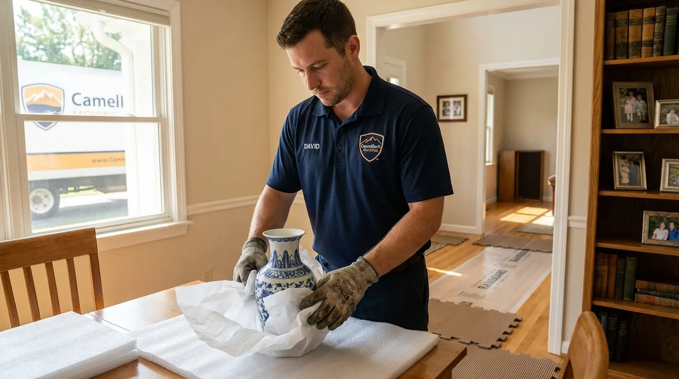 Professional crew carefully wrapping antique vase for senior downsizing move in Edwardsville, IL